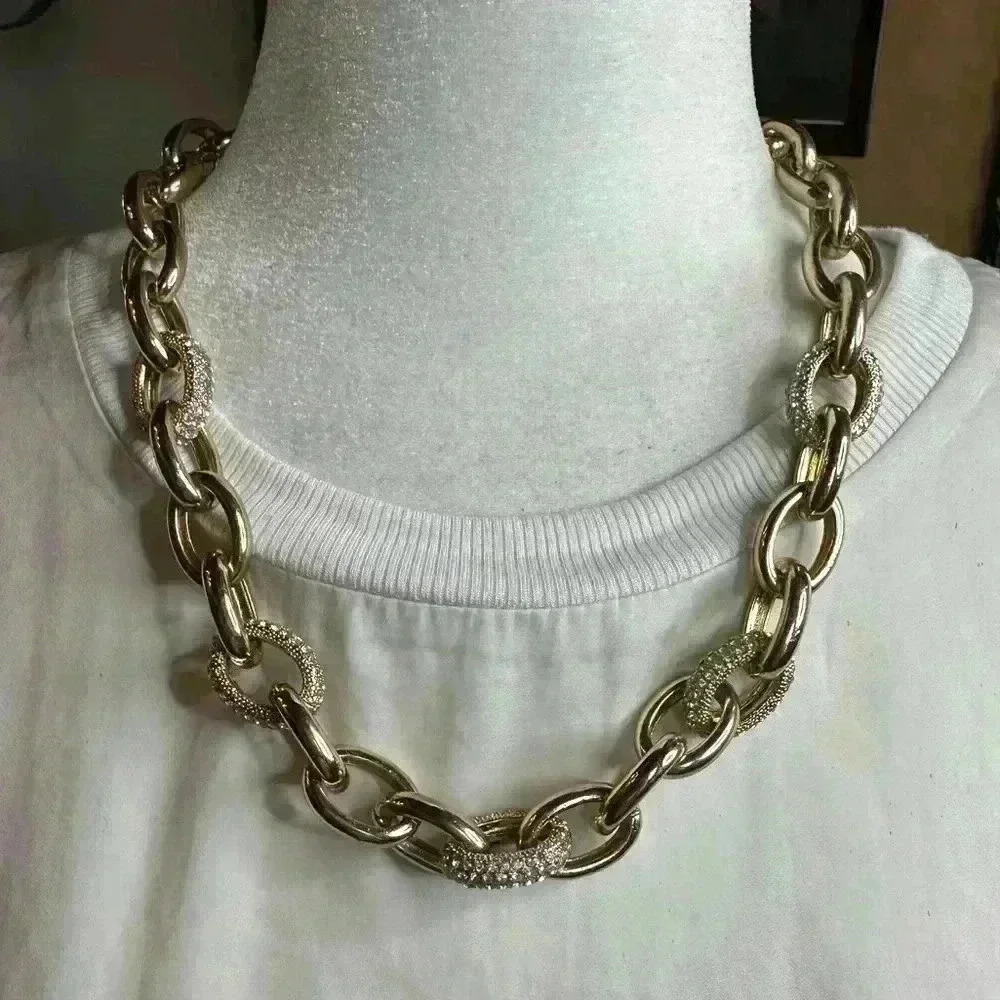 Coldwater Creek Pave Chain Necklace Gold-Tone 22” includes matching earrings - Picture 1 of 4